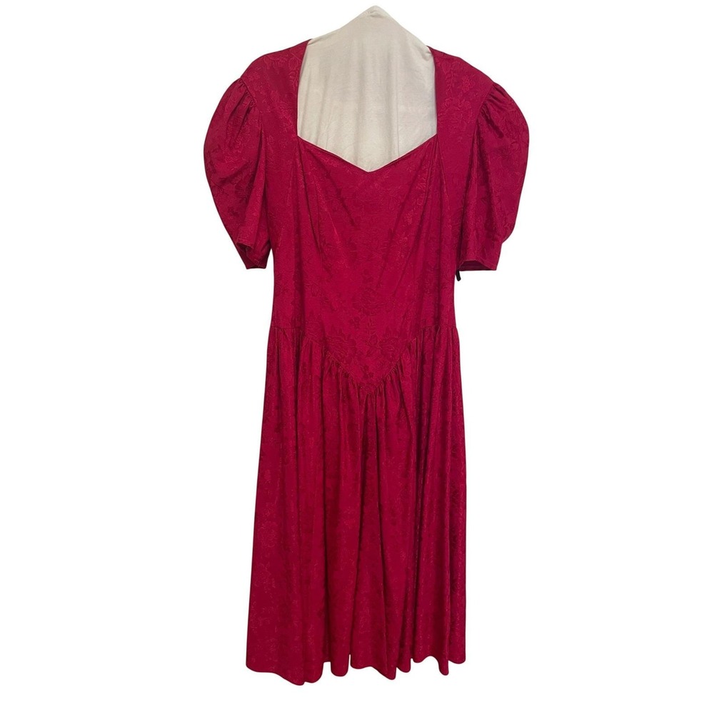 Vintage Magenta Pink Floral Jacquard Dress Size Medium Basque Waist Early 90s